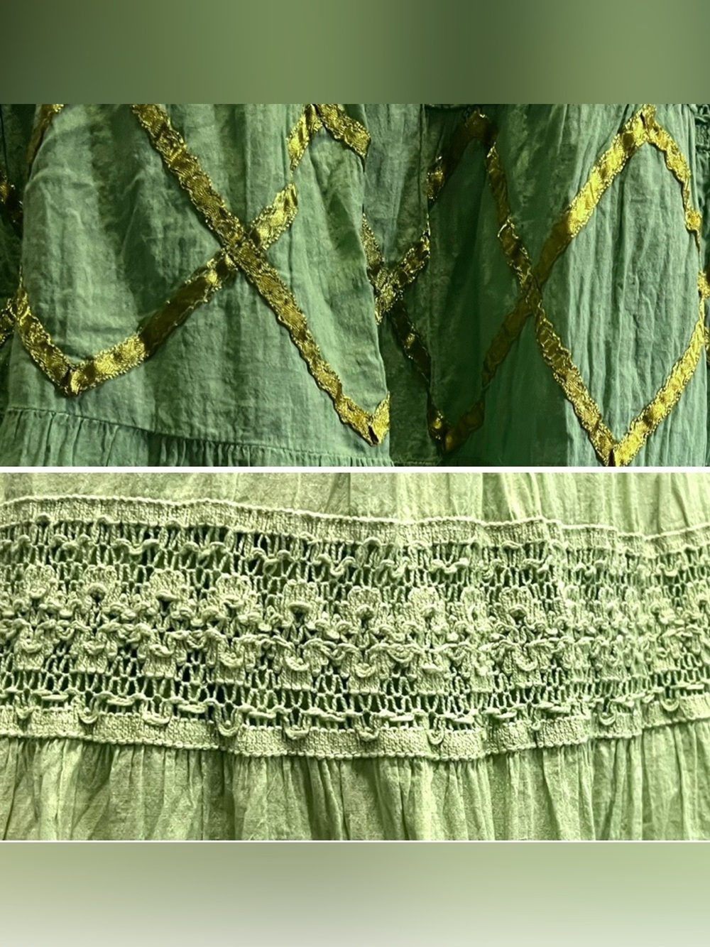 🇨🇦 Vintage Boho Maxi Skirt • Green Ombré • Crinkle Cotton Feel • Lace & Ribbon - Picture 10 of 14
